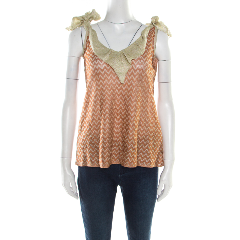 Image of M Missoni Burnt Orange Chevron Tie Up Detail Sleeveless Top M