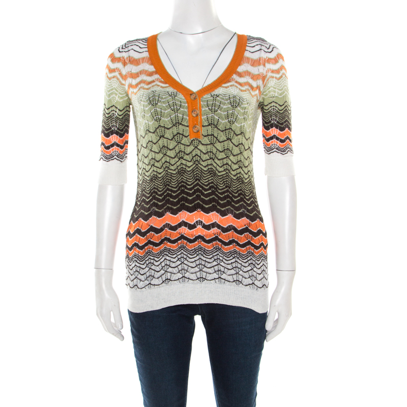 Image of M Missoni Multicolor Perforated Knit Three Quarter Sleeve Buttoned Top M