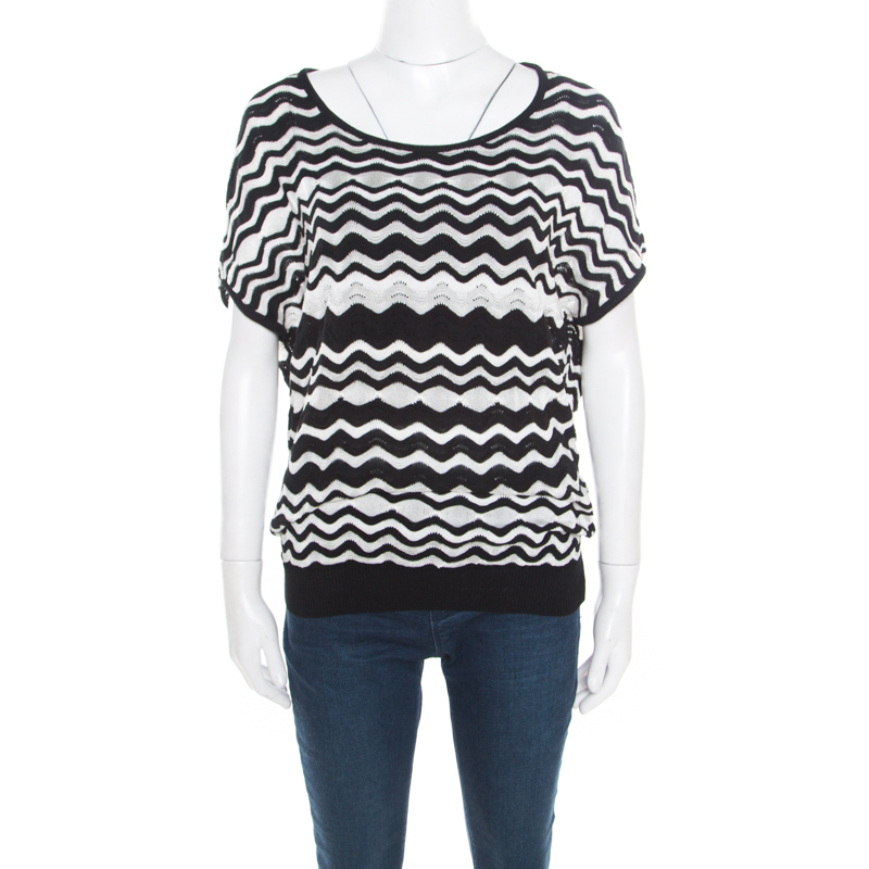 Image of M Missoni Monochrome Wave Pattern Jacquard Perforated Knit Top M