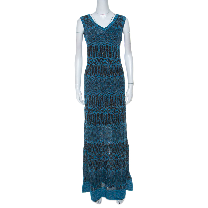 Image of M Missoni Blue & Black Chevron Crochet Knit Lurex Sleeveless Dress M