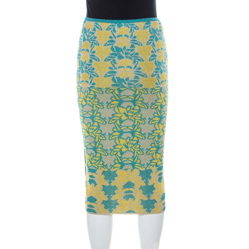 Image of M Missoni Blue & Yellow Floral Knit Lurex Pencil Skirt S