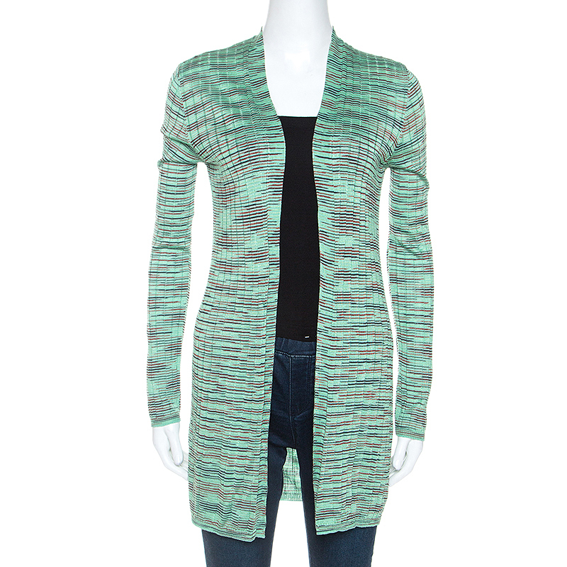 Image of M Missoni Mint Green Striped Knit Open Front Cardigan M