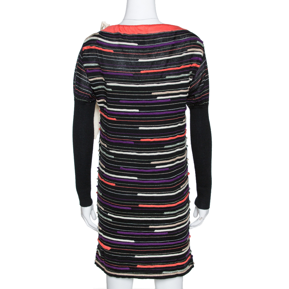 M Missoni Black Embossed Stripe Lurex Wool Knit Mini Dress S
