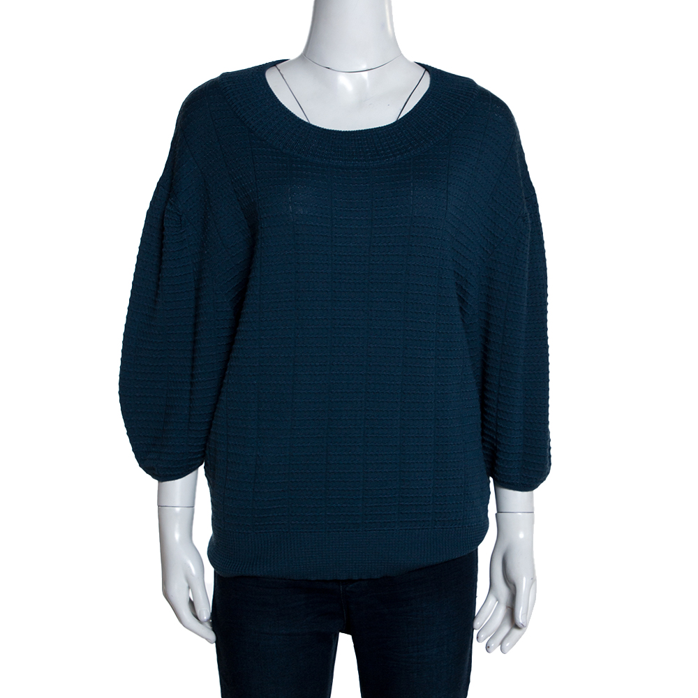 Image of M Missoni Blue Textured Knit Balloon Sleeve Top S