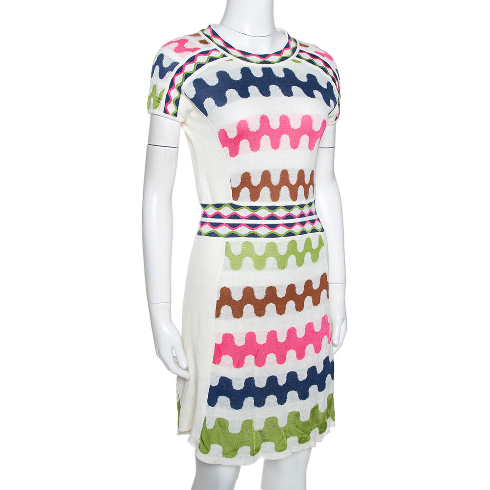 

Missoni Off White Wavy Patterned Linen Blend Knit Dress, Cream