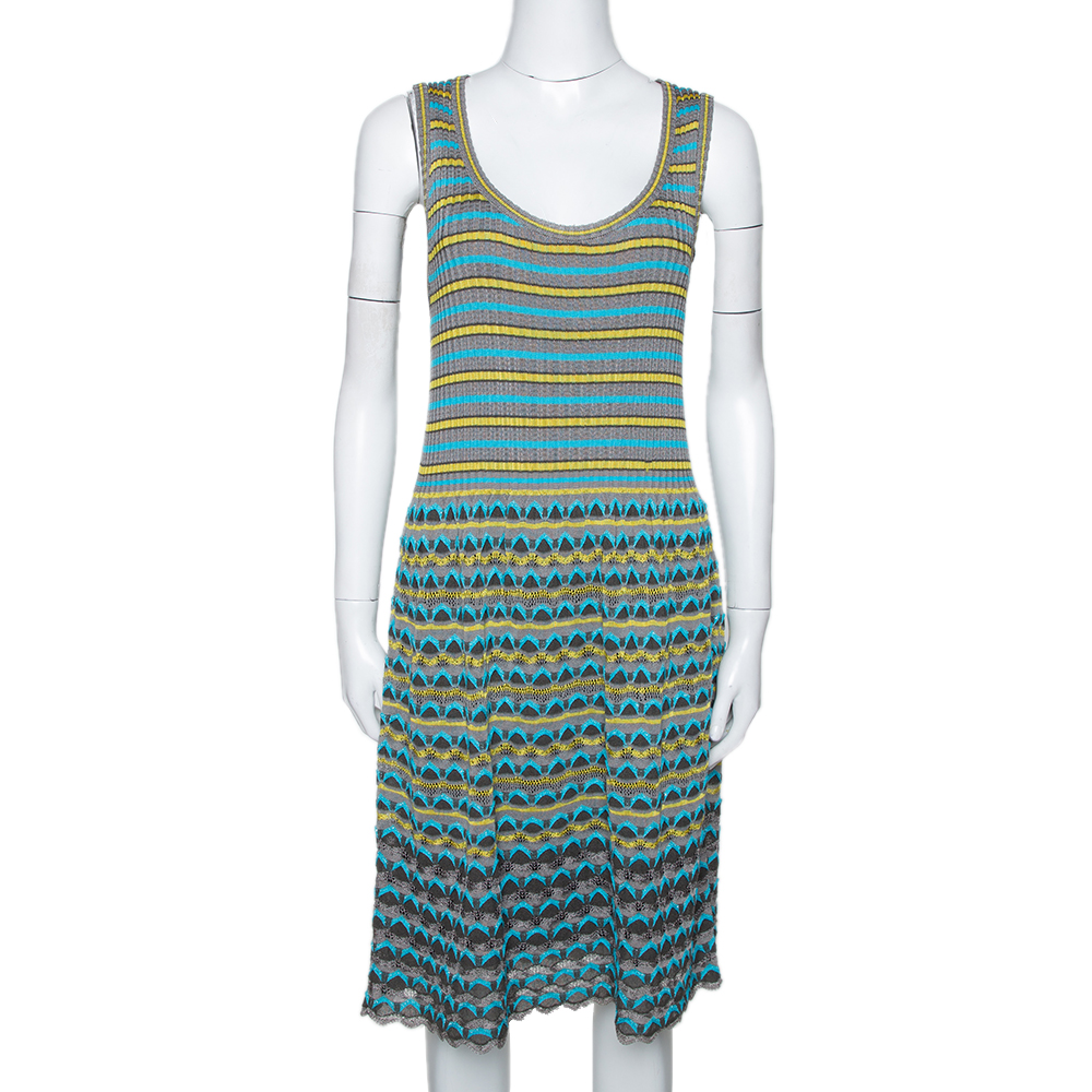 Image of M Missoni Grey & Blue Wavy Textured Knit Sleeveless Dress L