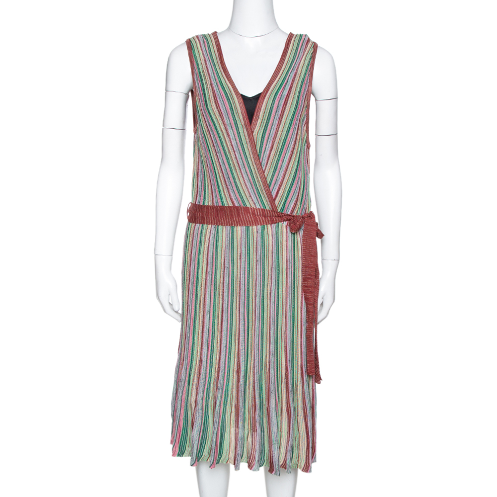 M Missoni Multicolor Striped Rib Knit Sleeveless Belted Dress L