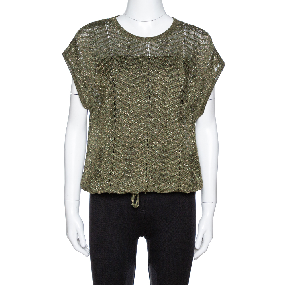 Image of M Missoni Green Lurex Knit Hem Tie Detail Sleeveless Top S