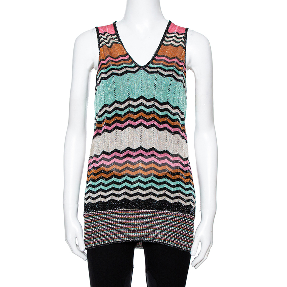 Image of M Missoni Multicolor Lurex Knit Chevron Striped Sleeveless Top M
