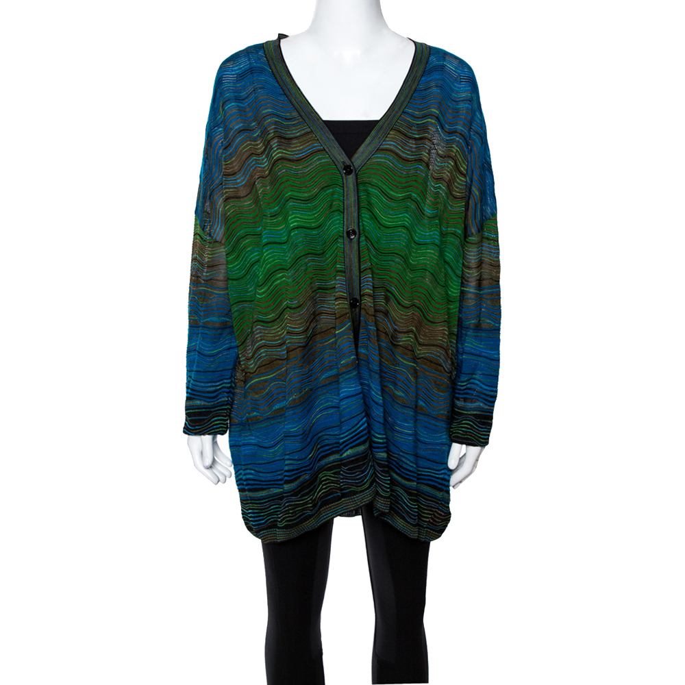 Image of M Missoni Blue Wavy Textured Knit Button Front Cardigan M