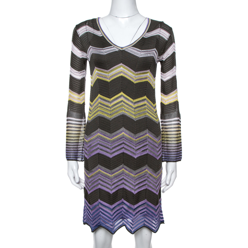 Image of M Missoni Grey & Purple Chevron Crochet Knit Long Sleeve Dress S