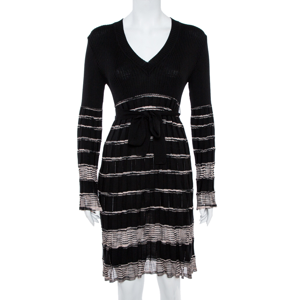 Image of M Missoni Black Patterned Knit Wool Belted Dress M