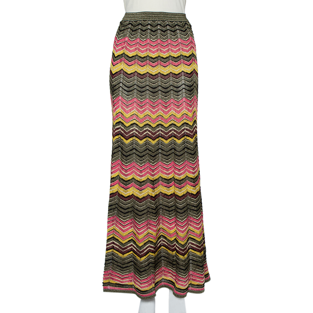 M Missoni Multicolor Zig Zag Patterned Lurex Knit Maxi Skirt S