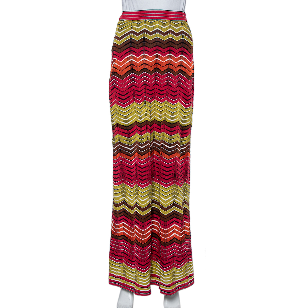 M Missoni Multicolor Chevron Pattern Knit Maxi Skirt S