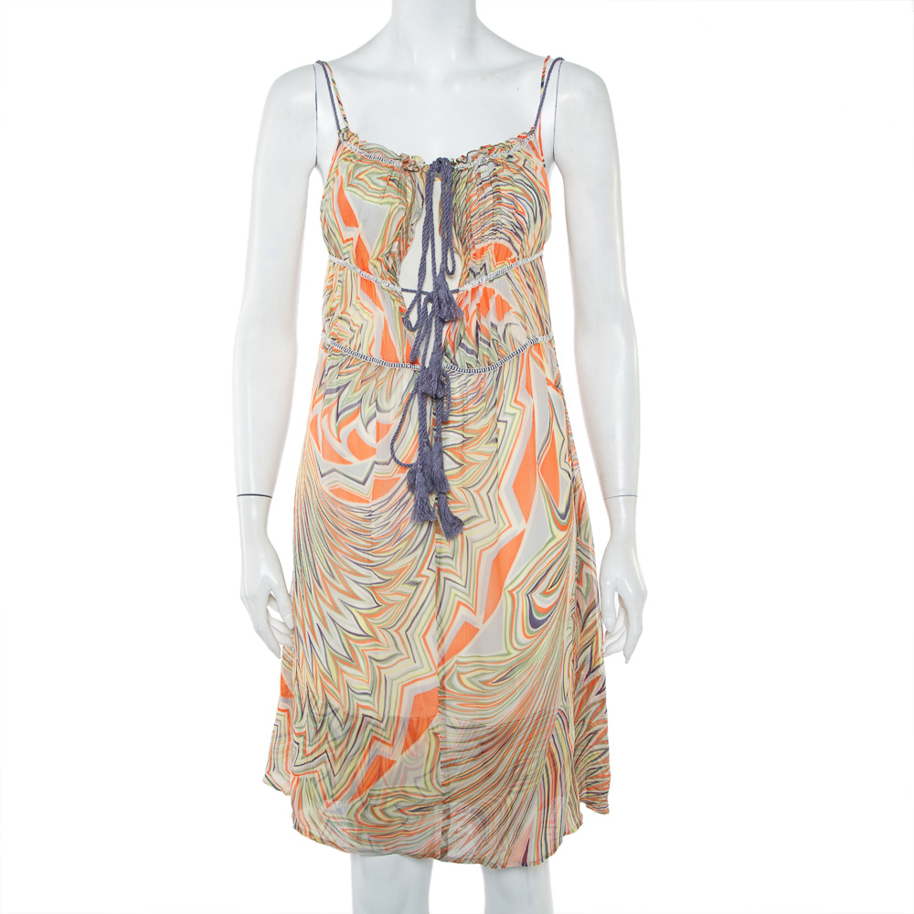 M Missoni Multicolor Printed Silk Sleeveless Tie Detail Midi Dress S