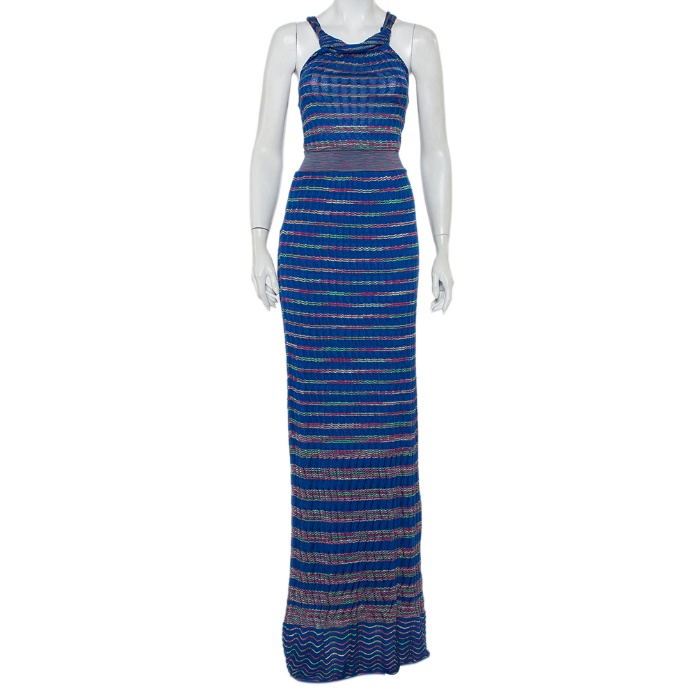 M Missoni Blue Patterned Knit Twist Neck Detail Maxi Dress S