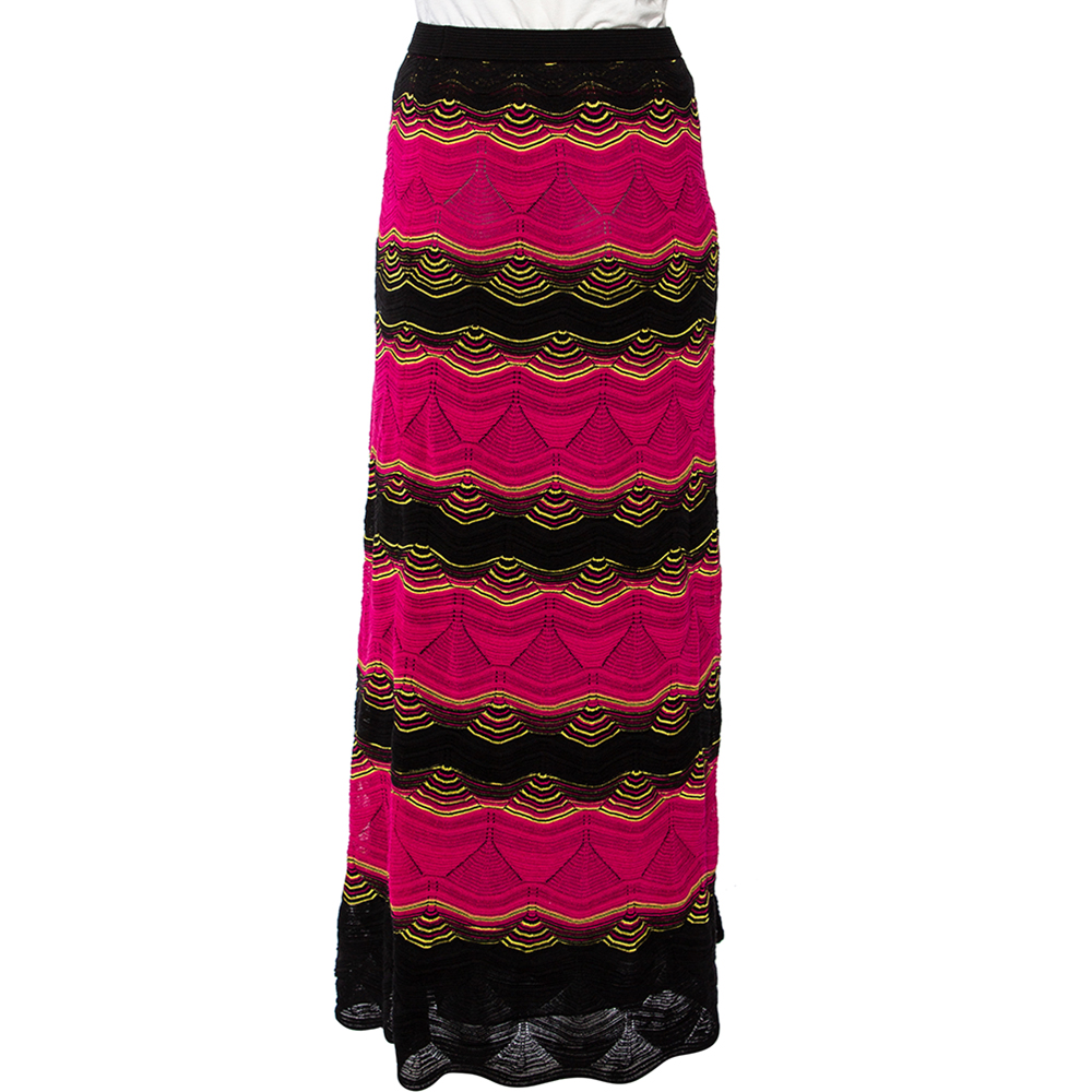 M Missoni Pink & Black Wavy Pointelle Knit Maxi Skirt S