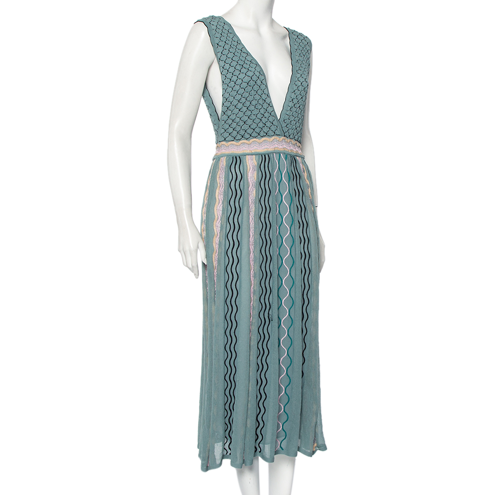 M Missoni Grey Patterned Knit Plunge Neck Midi Dress L