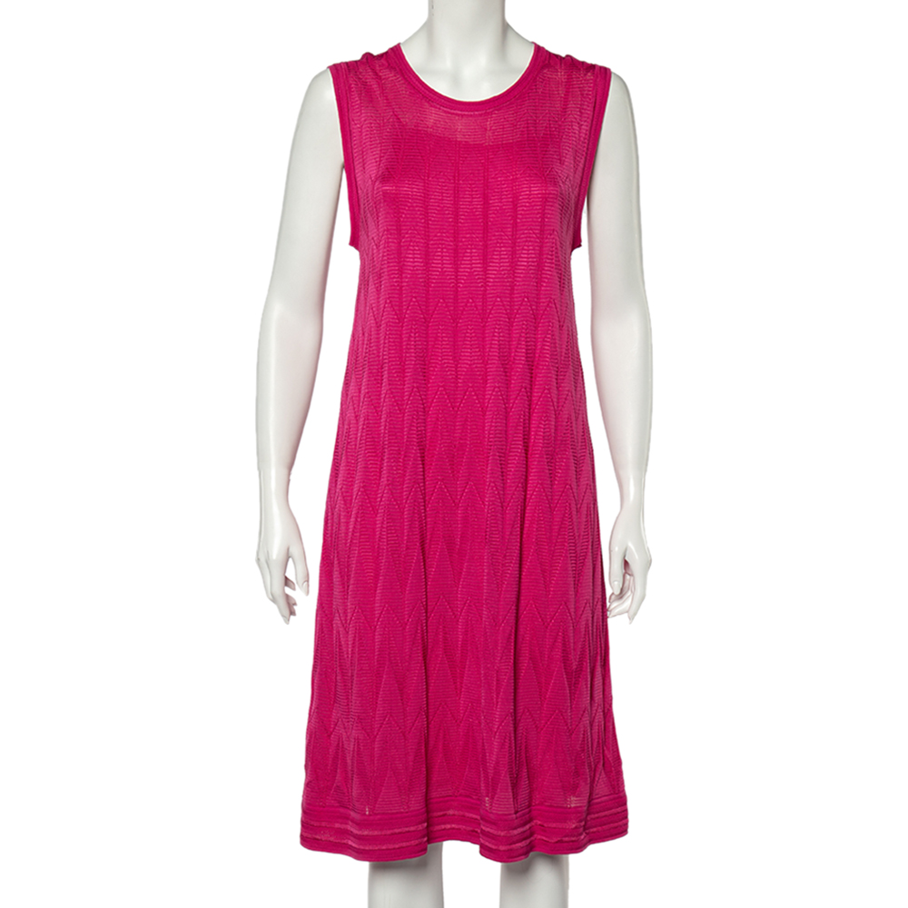 M Missoni Pink Knitted Cotton Sleeveless Round Neck Dress L