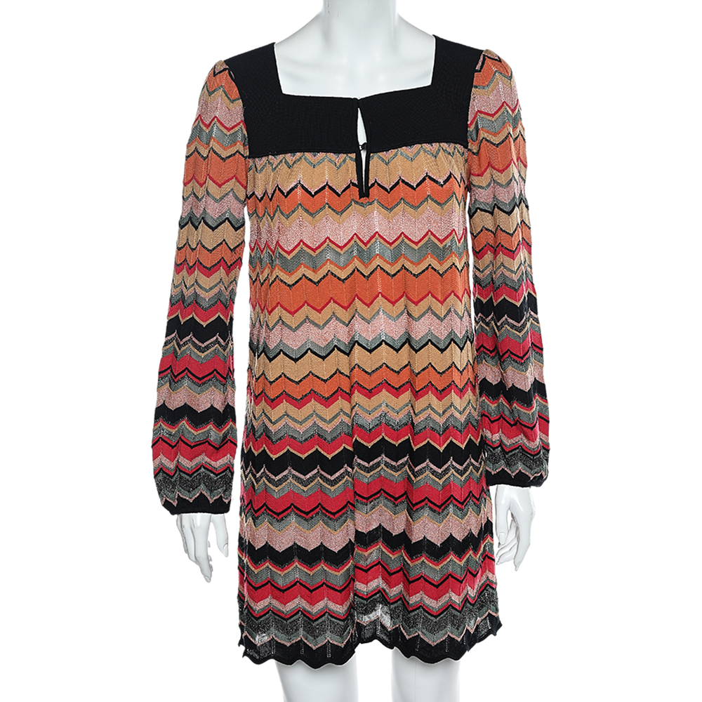 M Missoni Multicolor Zig Zag Patterned Knit Shift Dress L