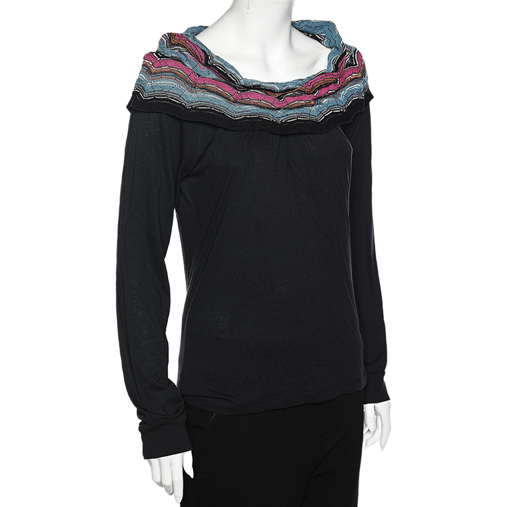 M Missoni Black Cotton Knit Contrast Overlay Detail T-Shirt S