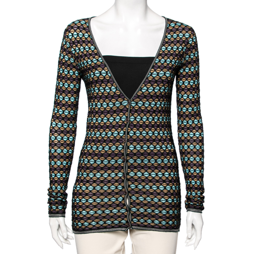 M Missoni Multicolor Patterned Knit Long Sleeve Cardigan S