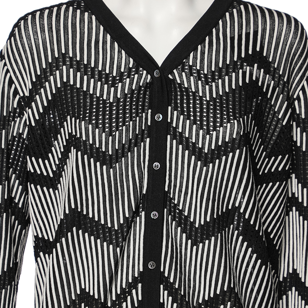 M Missoni Monochrome Patterned Perforated Knit Button Front Cardigan L