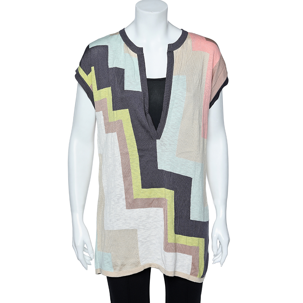 M Missoni Multicolor Geometric Pattern Cotton Knit Plunging Neck Top M