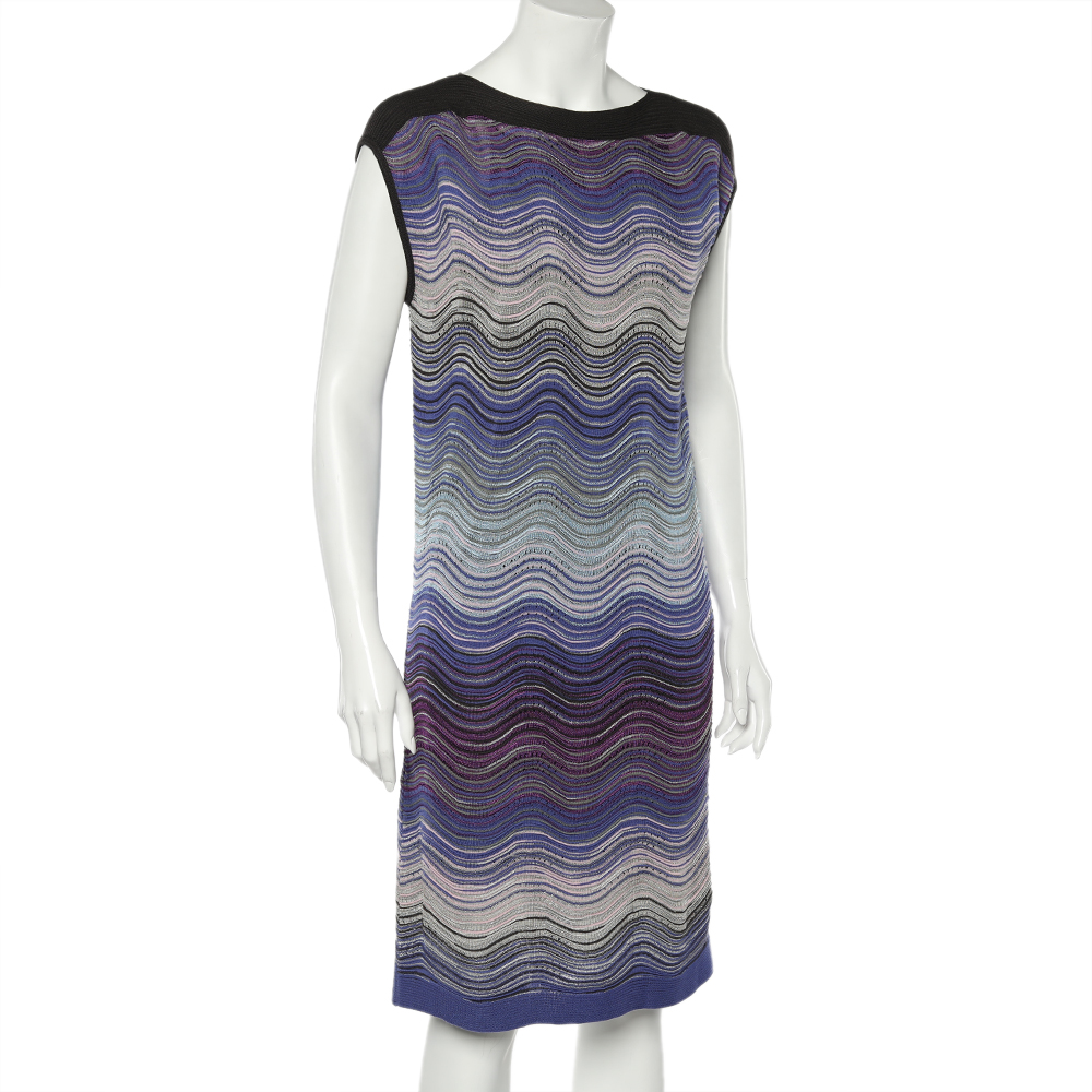 M Missoni Blue Wave Pattern Lurex Knit Shift Dress L