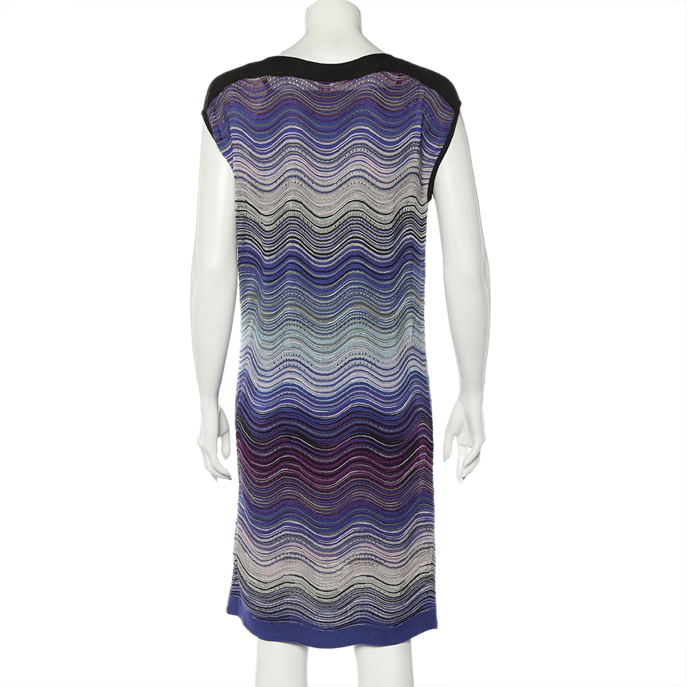 M Missoni Blue Wave Pattern Lurex Knit Shift Dress L