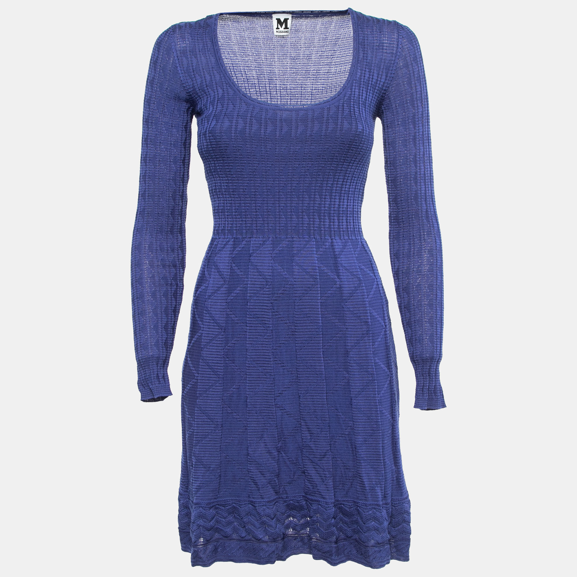 M Missoni Blue Patterned Knit Scoop Neck Flared Midi Dress S