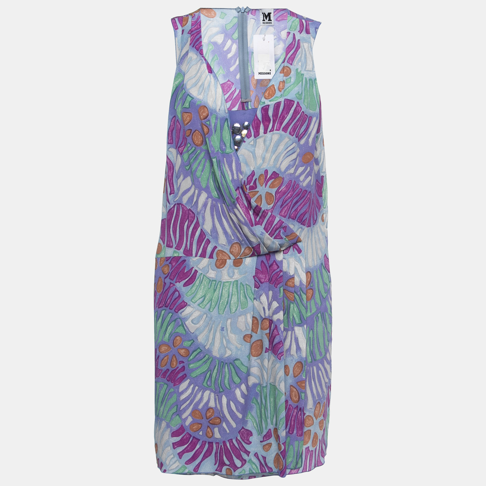 M Missoni Multicolor Print Silk Sleeveless Draped Short Dress M