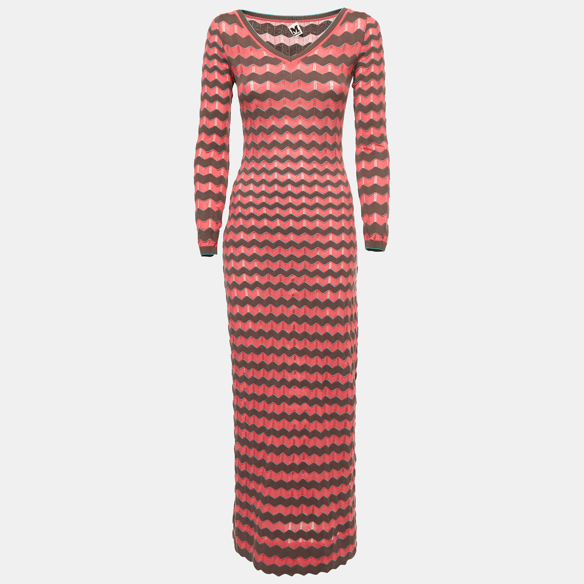 M Missoni Pink/Multicolor Patterned Knit Long Sleeve Maxi Dress S