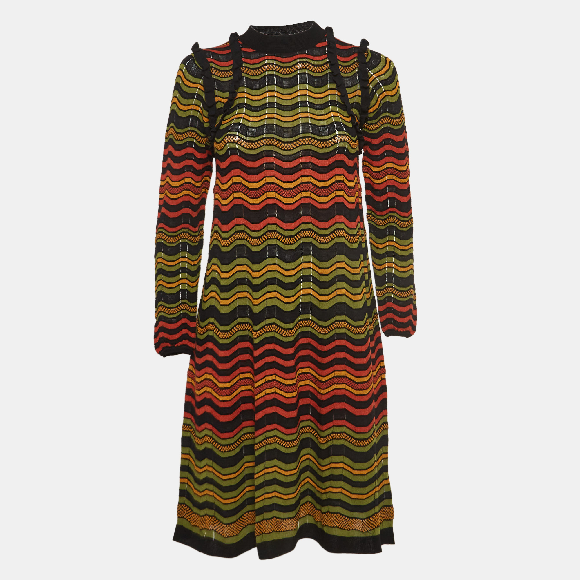 M missoni multicolor chevron perforated knit ruffle detail midi dress s