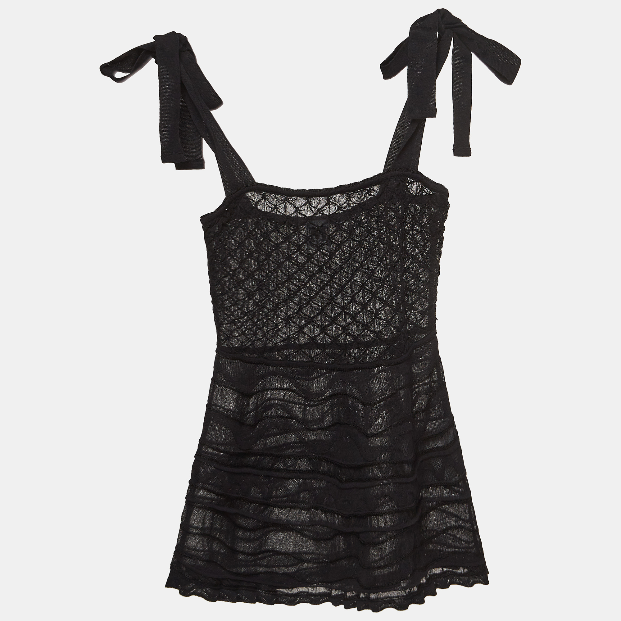 M Missoni Black Embossed Knit Tie-Up Strap Sheer Top S