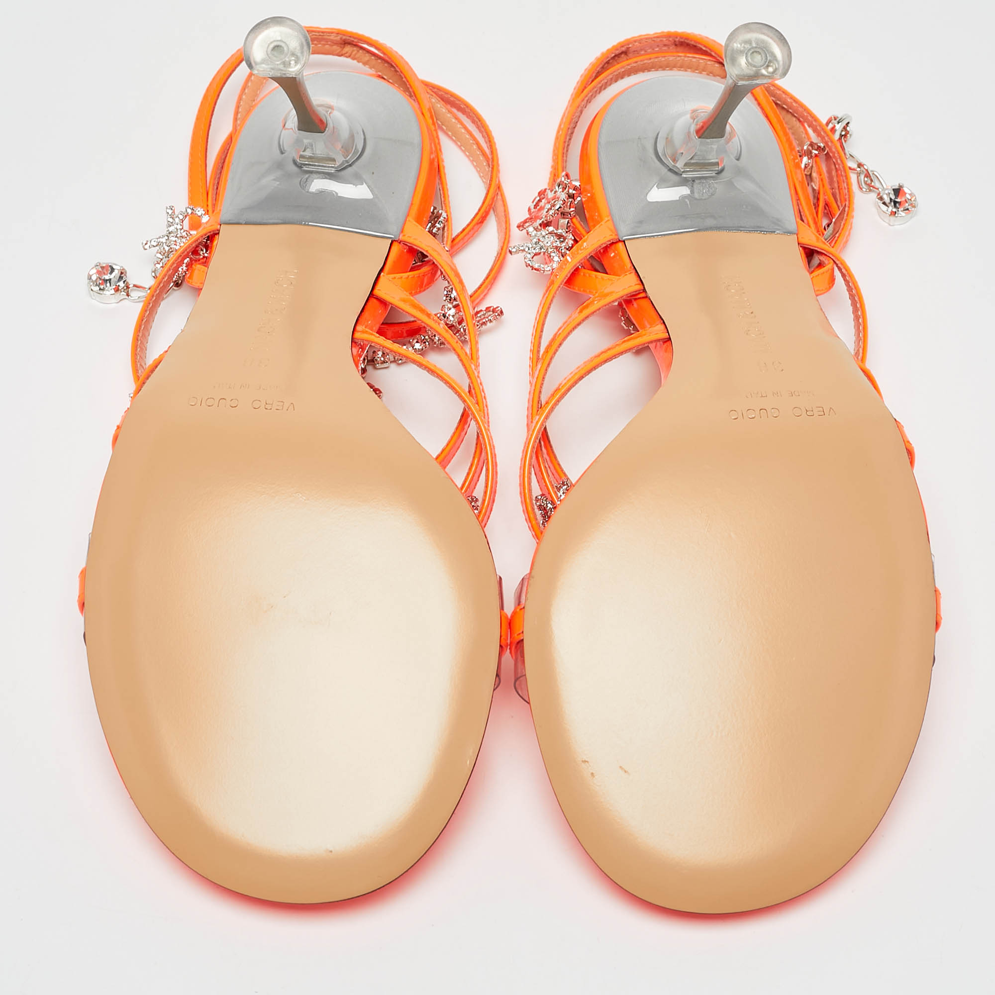 Mach & Mach Neon Orange Patent Leather Crystal Bow Camille Sandals Size 38