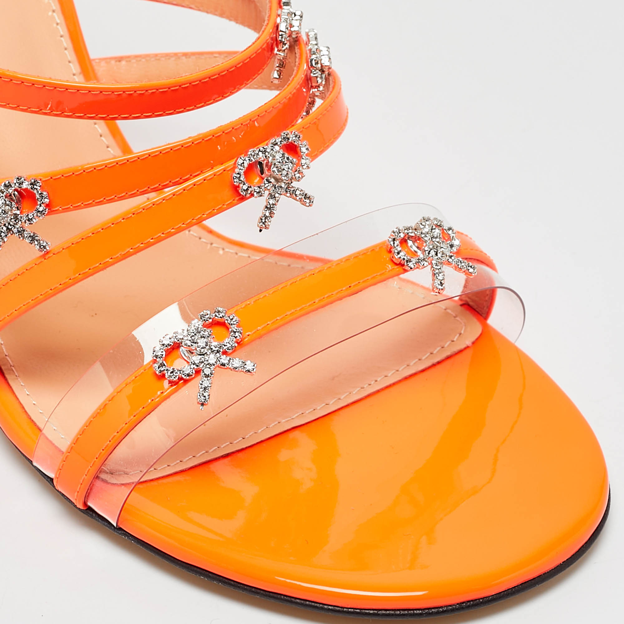 Mach & Mach Neon Orange Patent Leather Crystal Bow Camille Sandals Size 38