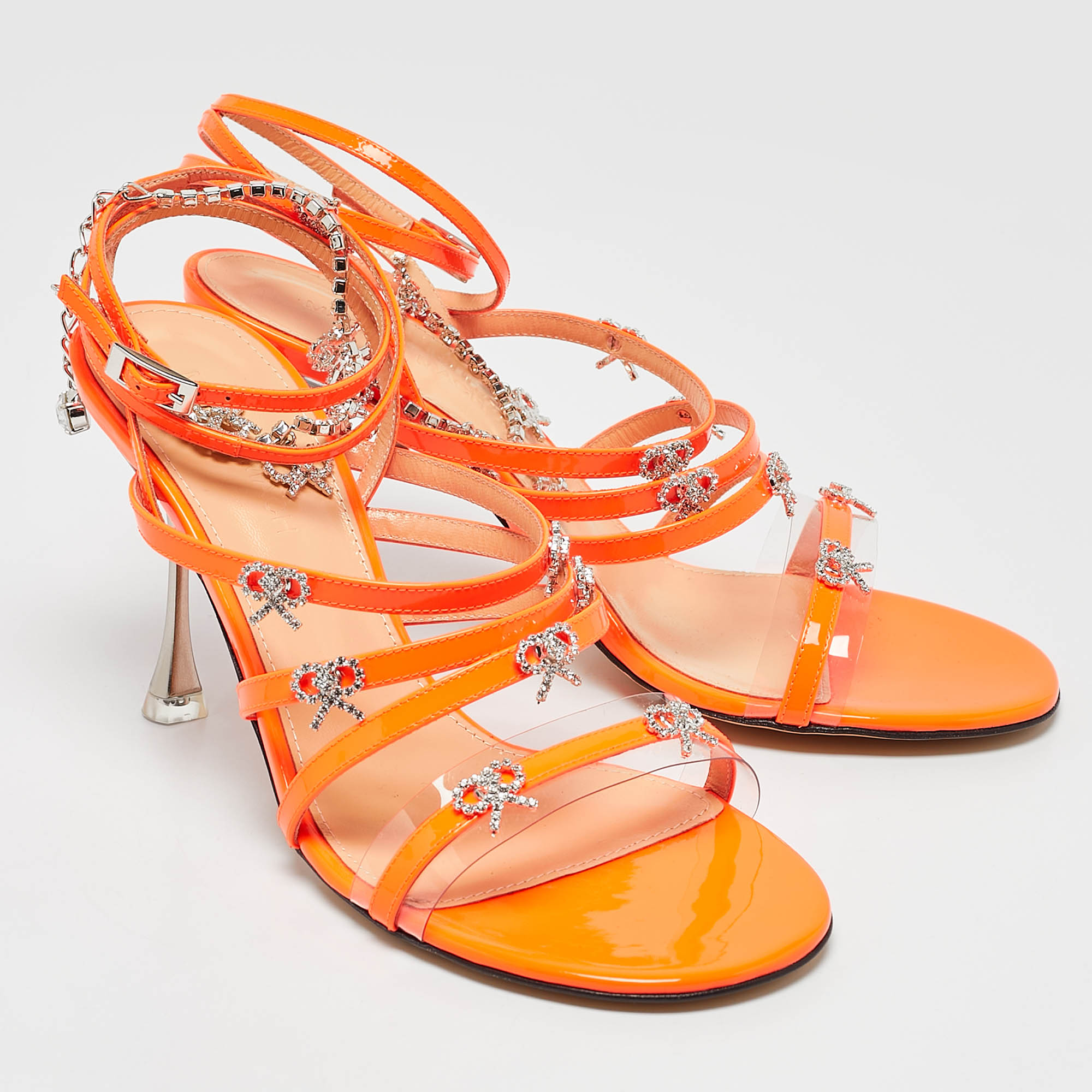 Mach & Mach Neon Orange Patent Leather Crystal Bow Camille Sandals Size 38