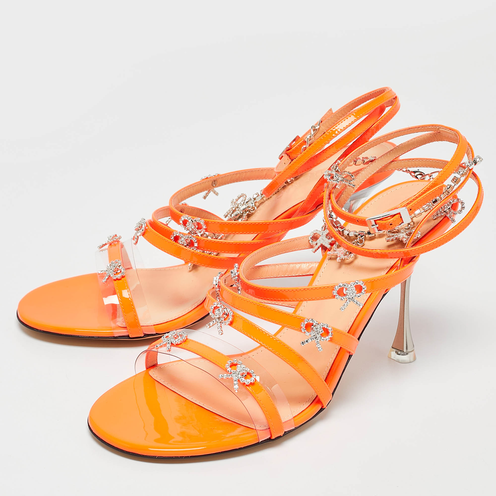 Mach & Mach Neon Orange Patent Leather Crystal Bow Camille Sandals Size 38