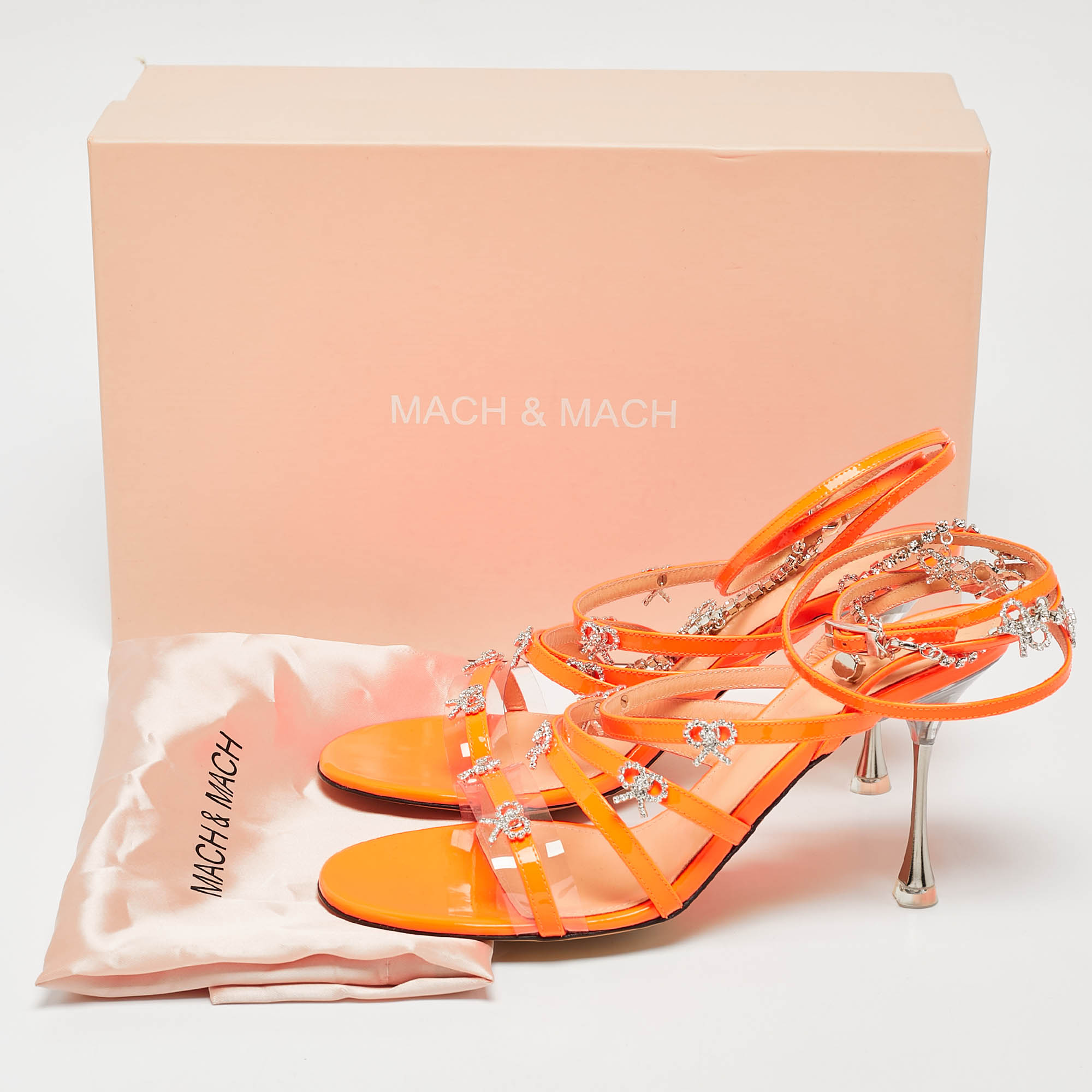 Mach & Mach Neon Orange Patent Leather Crystal Bow Camille Sandals Size 38