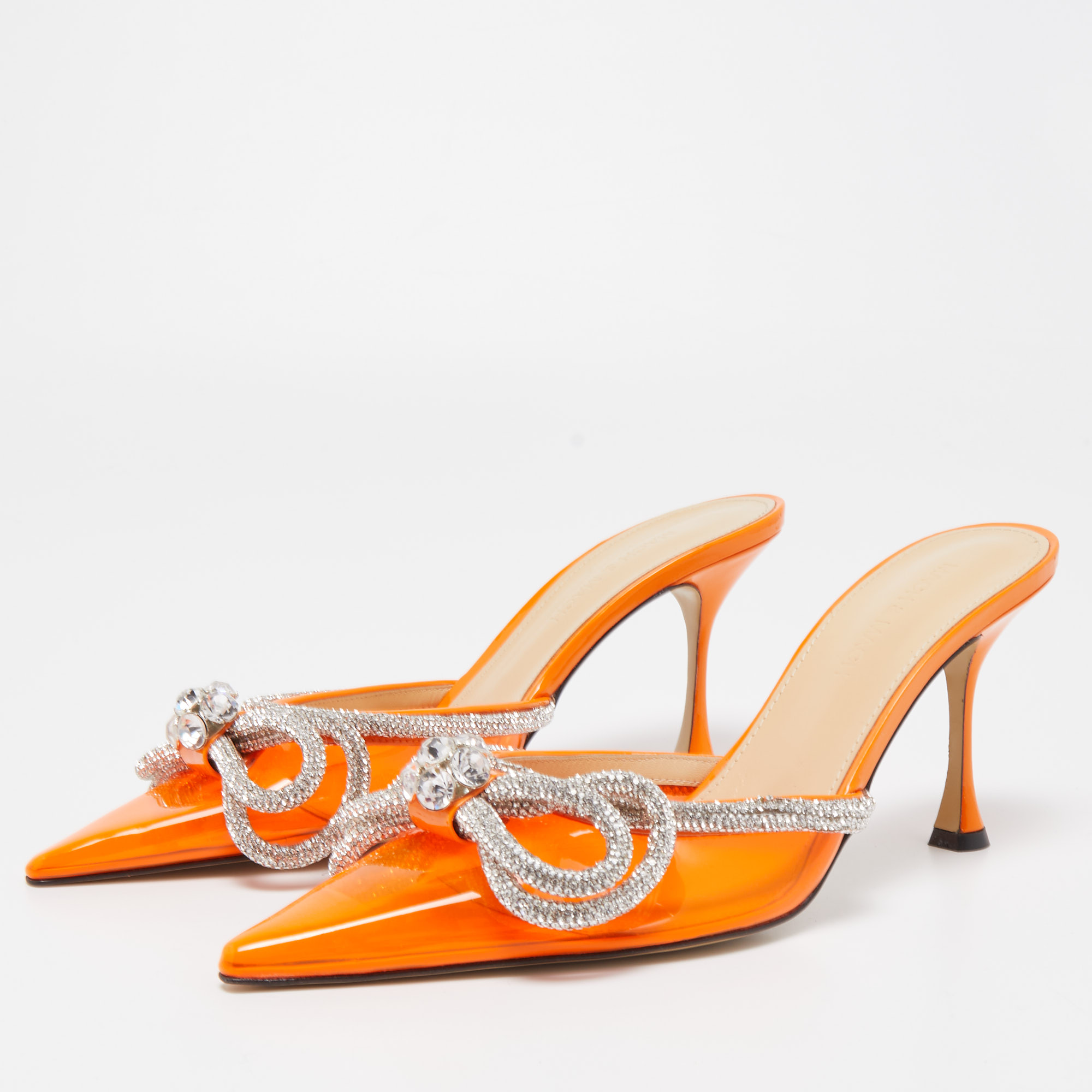 

Mach & Mach Orange Patent Leather and PVC Crystal Embellished Bow Mules Size