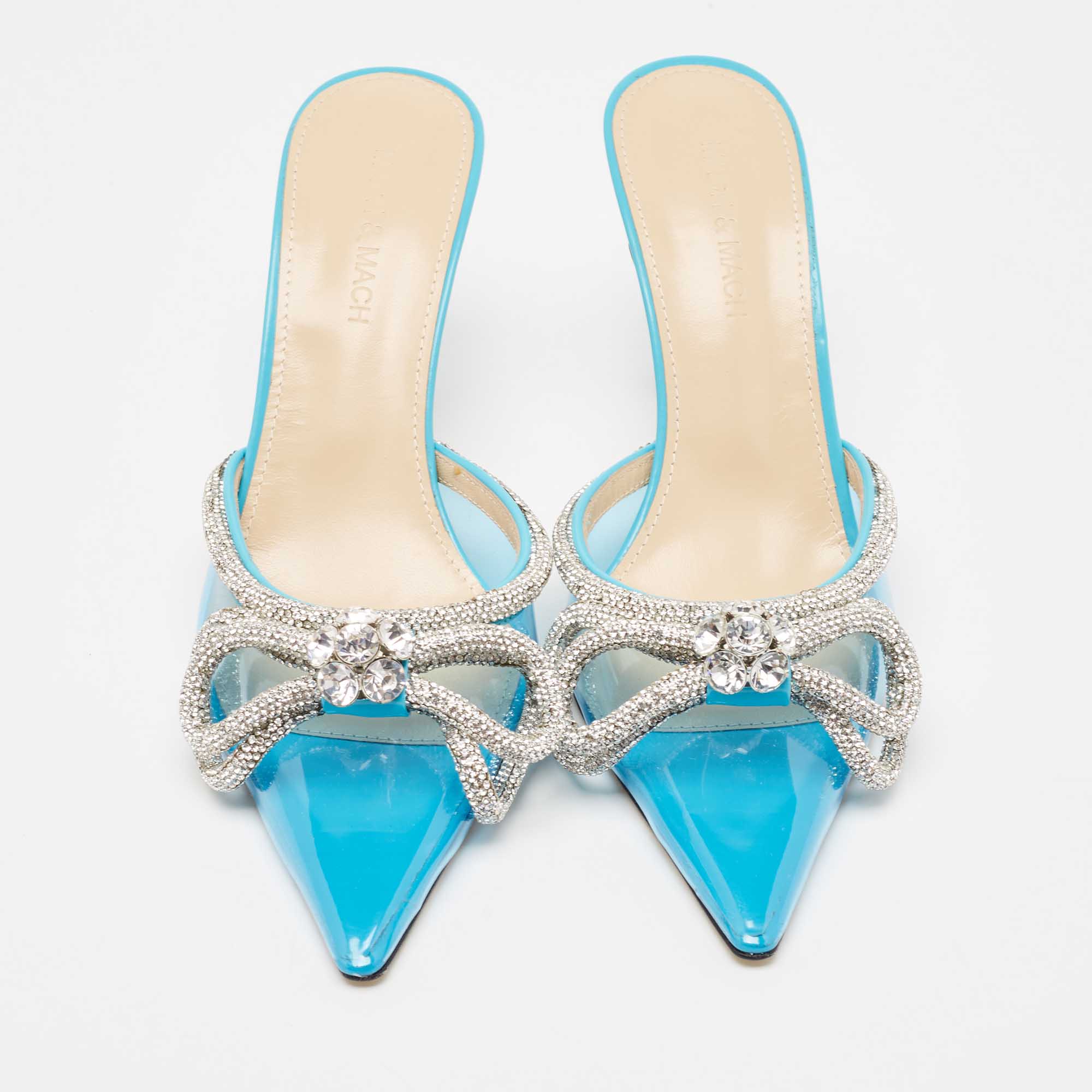 Mach & Mach Blue PVC Crystal Embellished Double Bow Mules Size 39