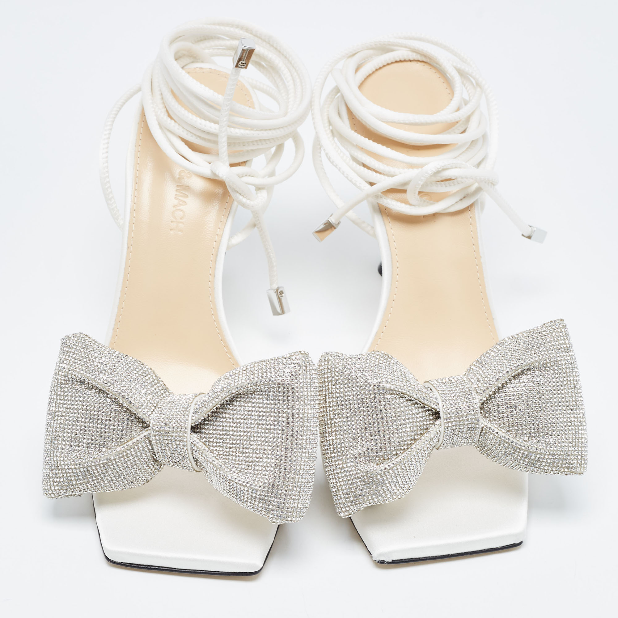 Mach & Mach White Satin Crystal Embellished Bow Ankle Wrap Sandals Size 38