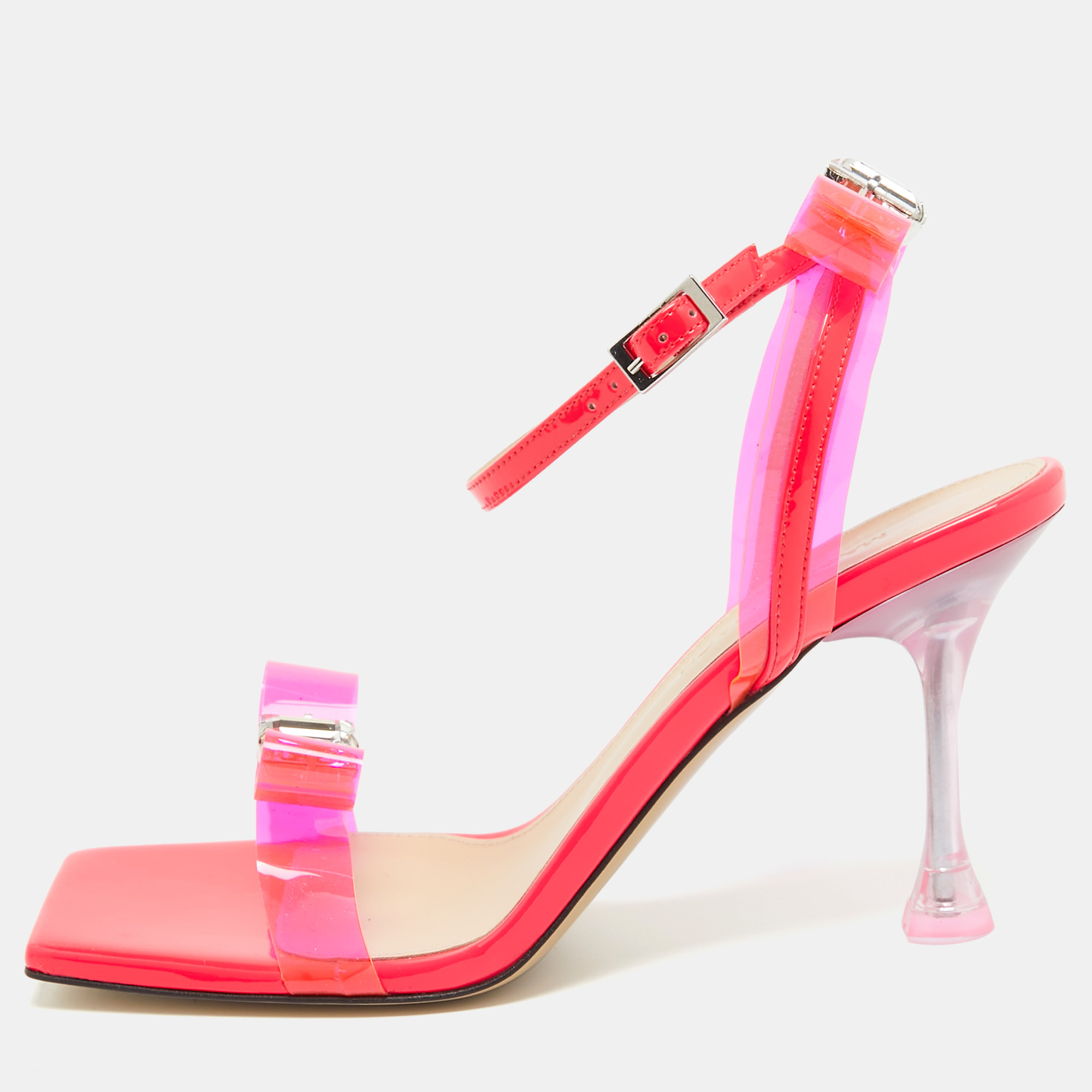 Mach & mach neon pink pvc and patent leather french bow square sandals size 38.5