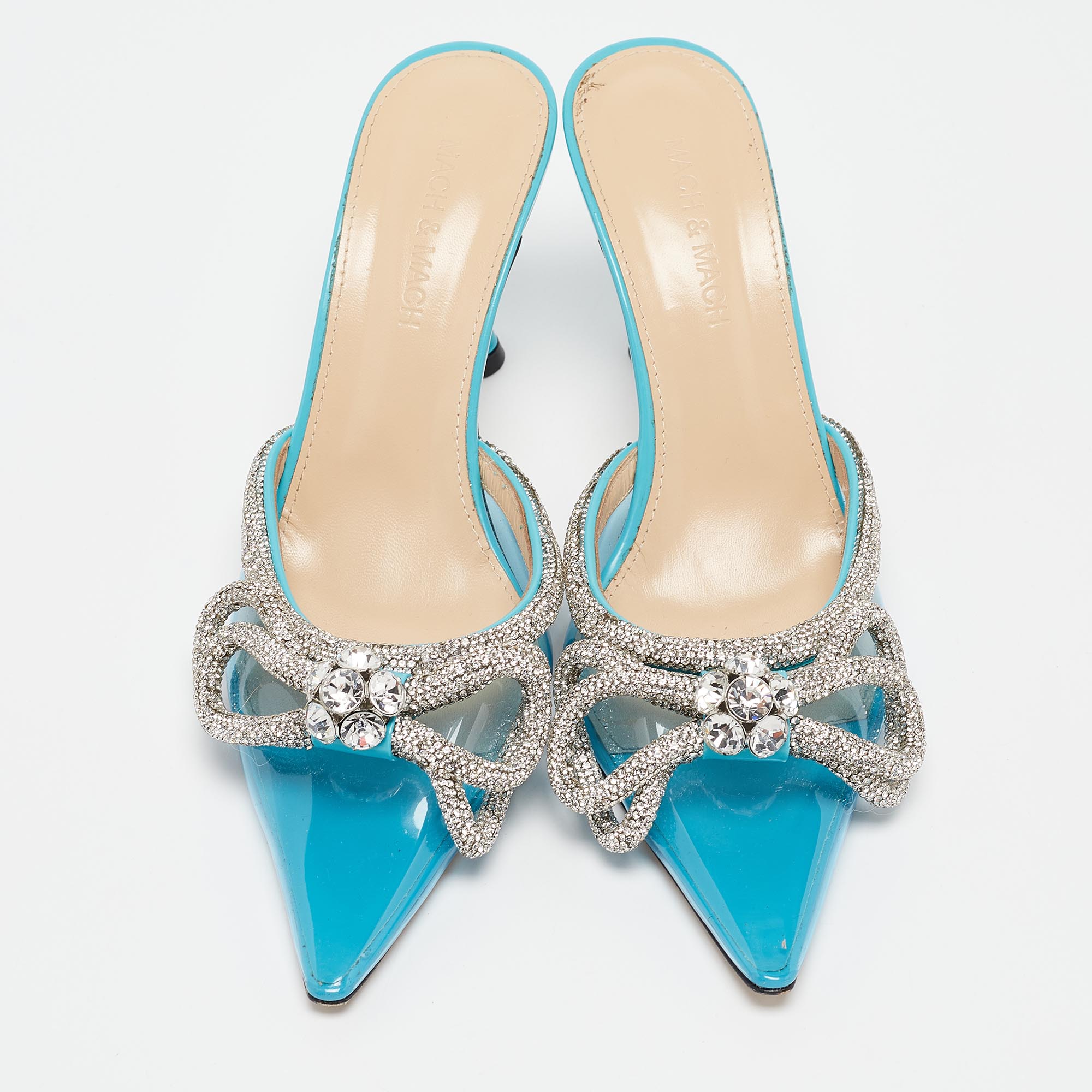 Mach & Mach Blue PVC Crystal Embellished Double Bow Mules Size 38