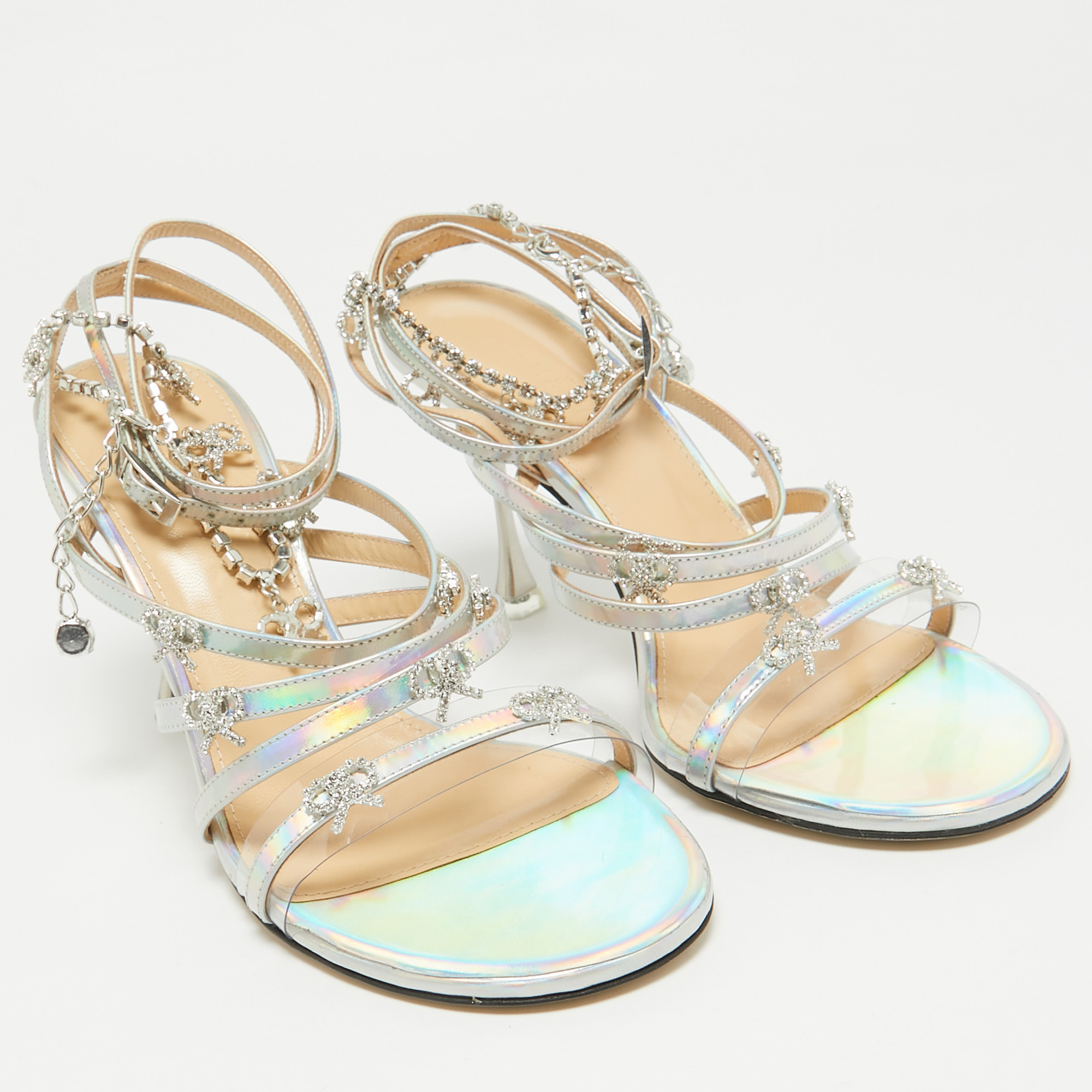 Mach & Mach Silver Iridescent Leather Crystal Bow Camille Sandals Size 37