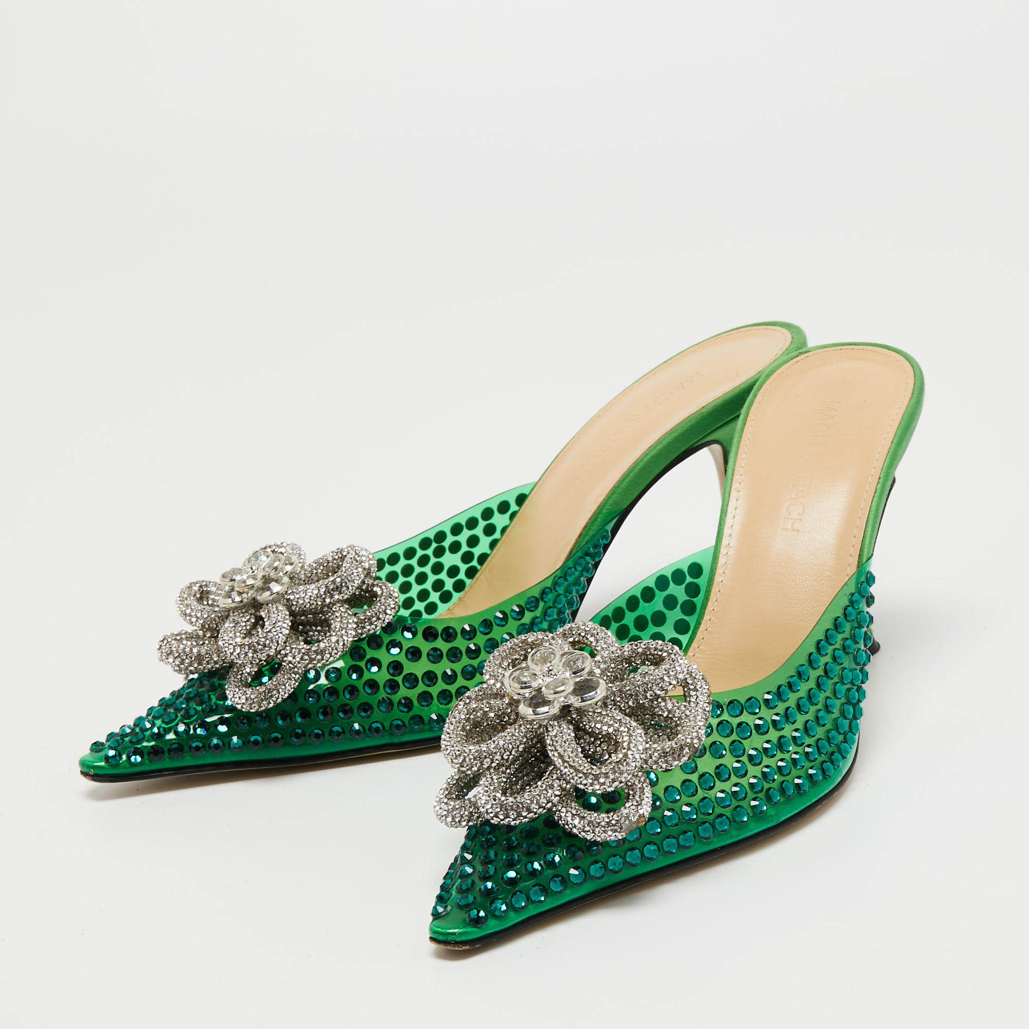 

Mach & Mach Green PVC and Satin Crystal Flower Pointed Toe Carrie Mules Size