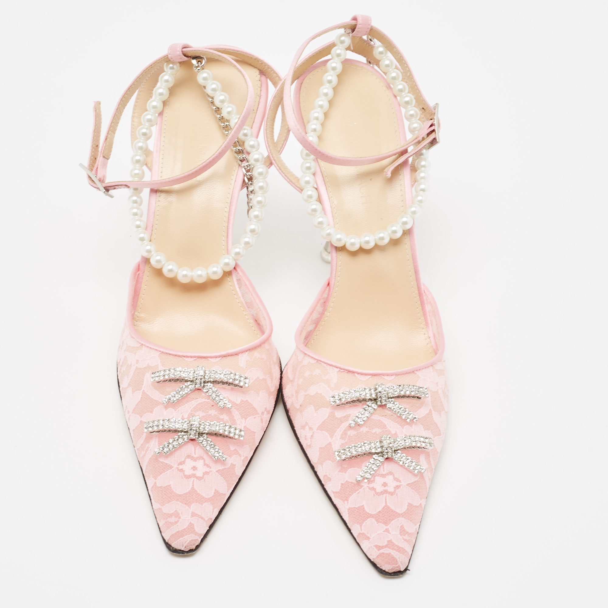 Mach & Mach Pink Satin And Lace Crystal Embellished Ankle Strap Pumps Size 39.5
