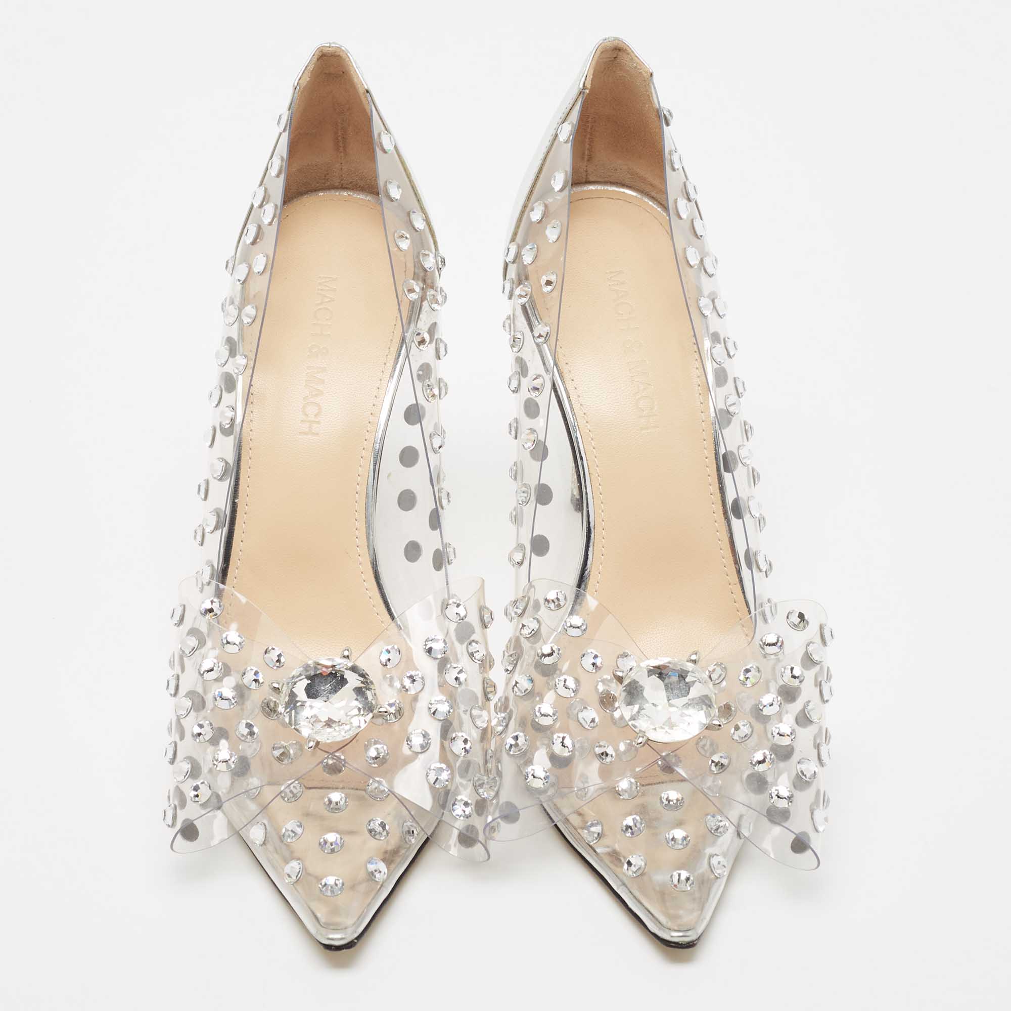 Mach & Mach Silver/Transparent PVC And Leather Crystal Embellished Pumps Size 37