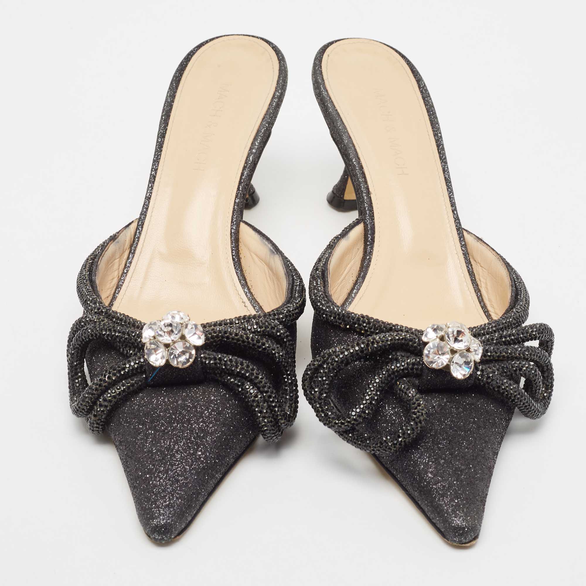 Mach & Mach Black Glitter Crystal Embellished Double Bow Mules Size 39